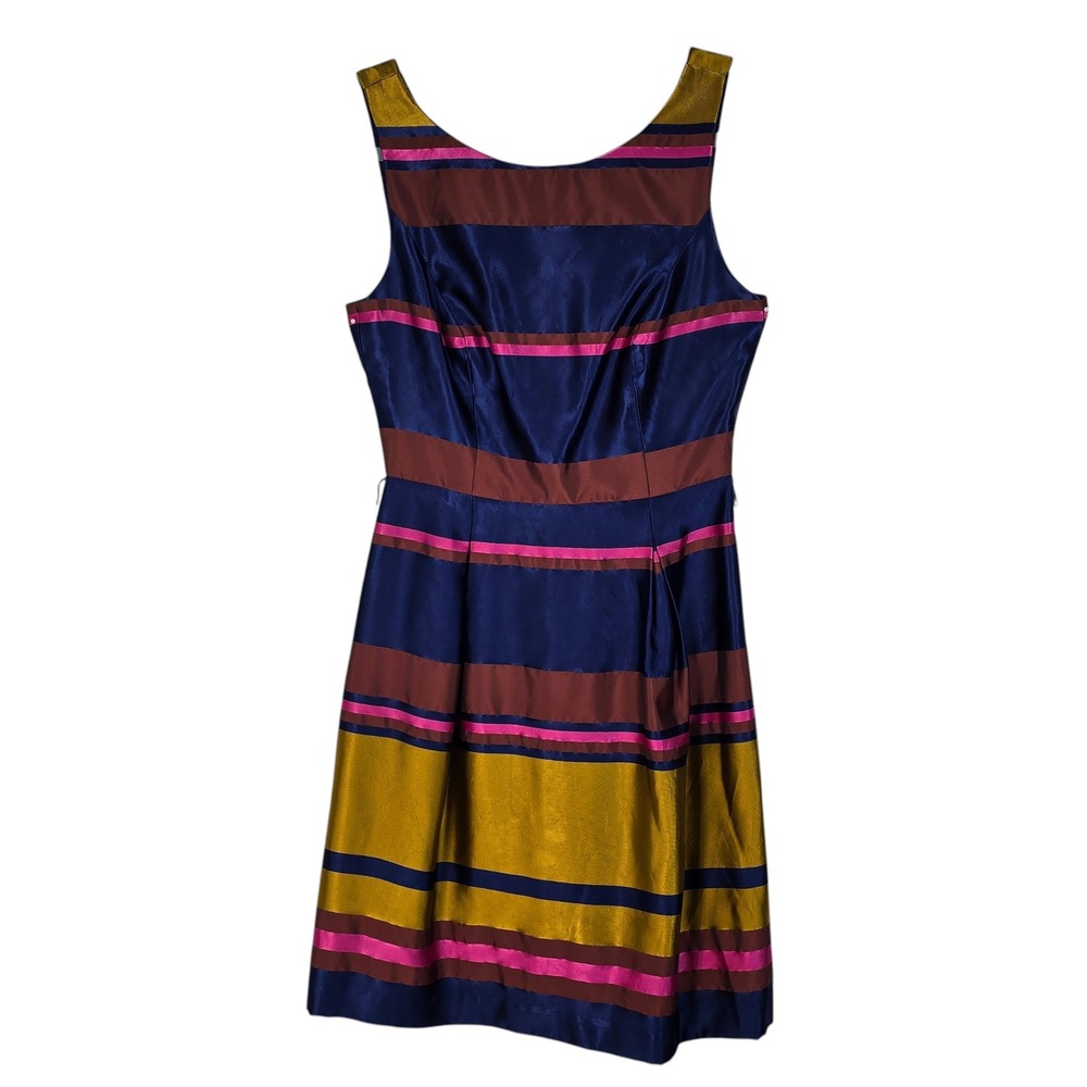 Trina Turk Women Fit and Flare Cocktail Dress Blue Gold Pink Stripe Laced Lining